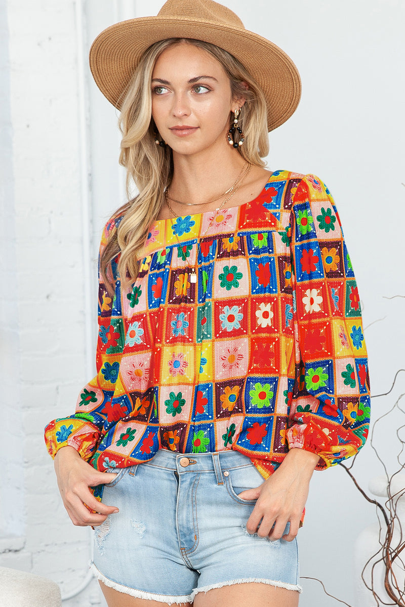Multicolor 60s Flower Pattern Lantern Sleeve Square Neck Top