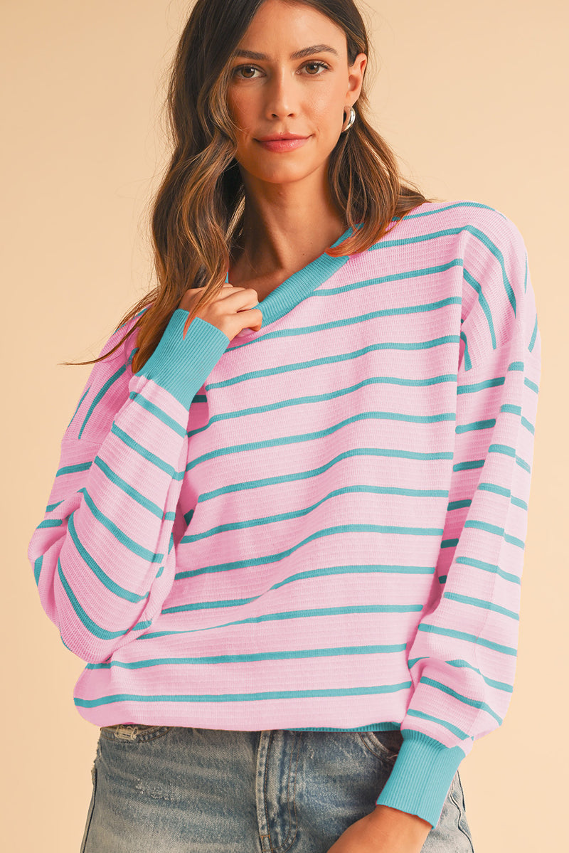 Brown Stripe Round Neck Drop Shoulder Loose Sweater