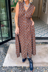 Black Polka Dot Print Contrast Trim V Neck Zip Up Sleeveless Dress