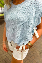 Mint Green Pointelle Knit Patterned Scalloped Trim Short Sleeve Sweater