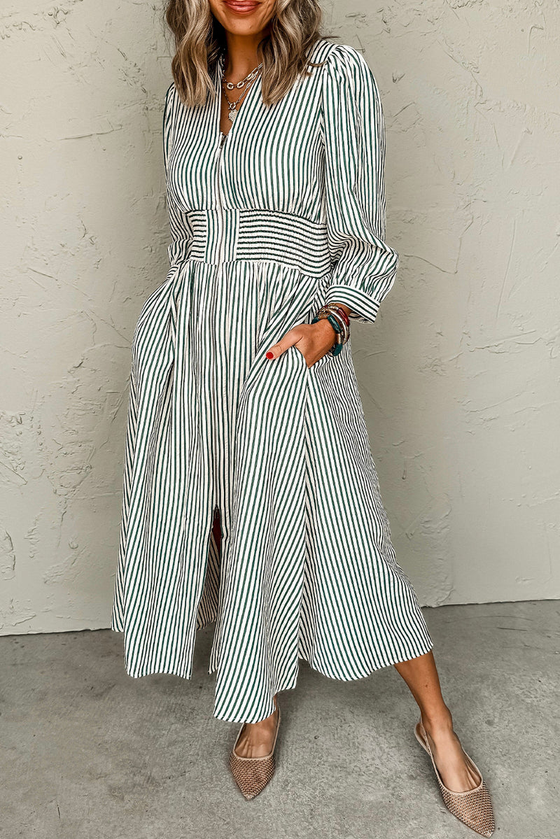 Green Striped V Neck Zip Front Cinched High Waist Midi Dress