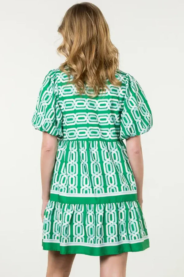 Bright Green Abstract Print V-Neck Puff Sleeve Mini Dress