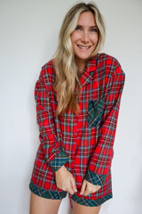 Red Plaid Contrast Color Christmas Holiday Long Sleeve Shirt and Shorts Pajama Set