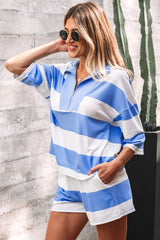 Sky Blue Stripe Seam Detail Half Zip Oversize Tee Casual Shorts 2pcs Set
