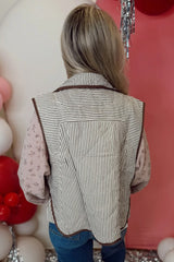 Brown Striped Snap Button Scalloped Hem Winter Vest