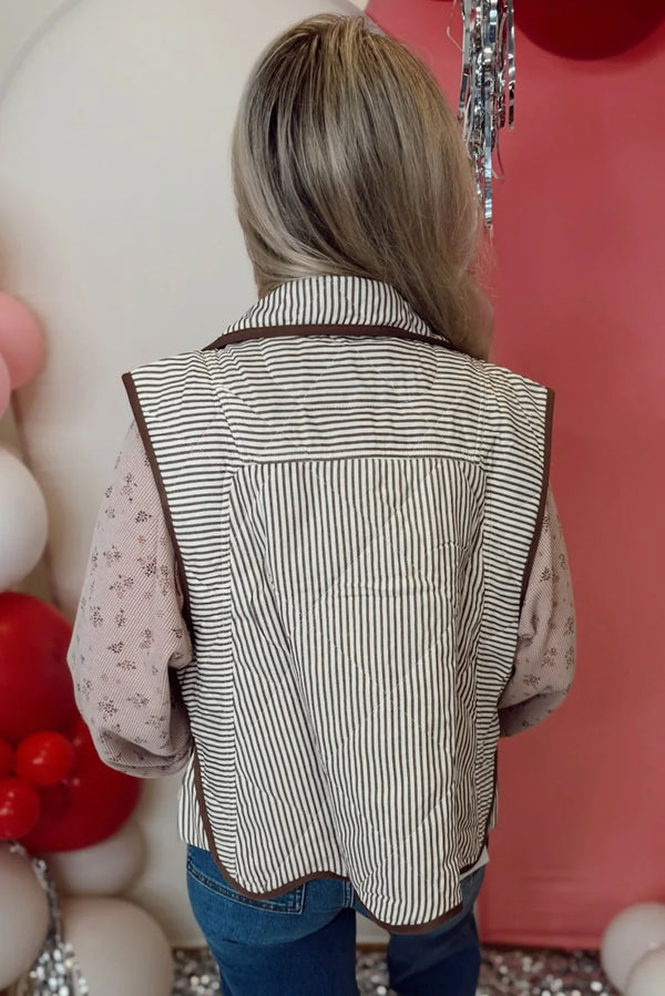 Brown Striped Snap Button Scalloped Hem Winter Vest