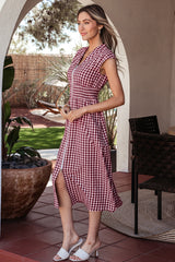 Red Plaid Print Full Zipper Cinched Waist Fit Flare Sleeveless Maxi Dress