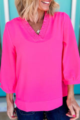 Sky Blue Frill V Neckline Puff Sleeve Crinkled Blouse
