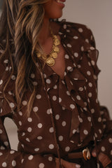 Coffee Polka Dot Print Ruffle Trim V Neck Long Bell Sleeve Blouse
