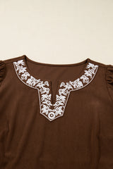 Coffee Embroidered Notched Neckline Textured Pleated High Waist Plus Size Midi Dress