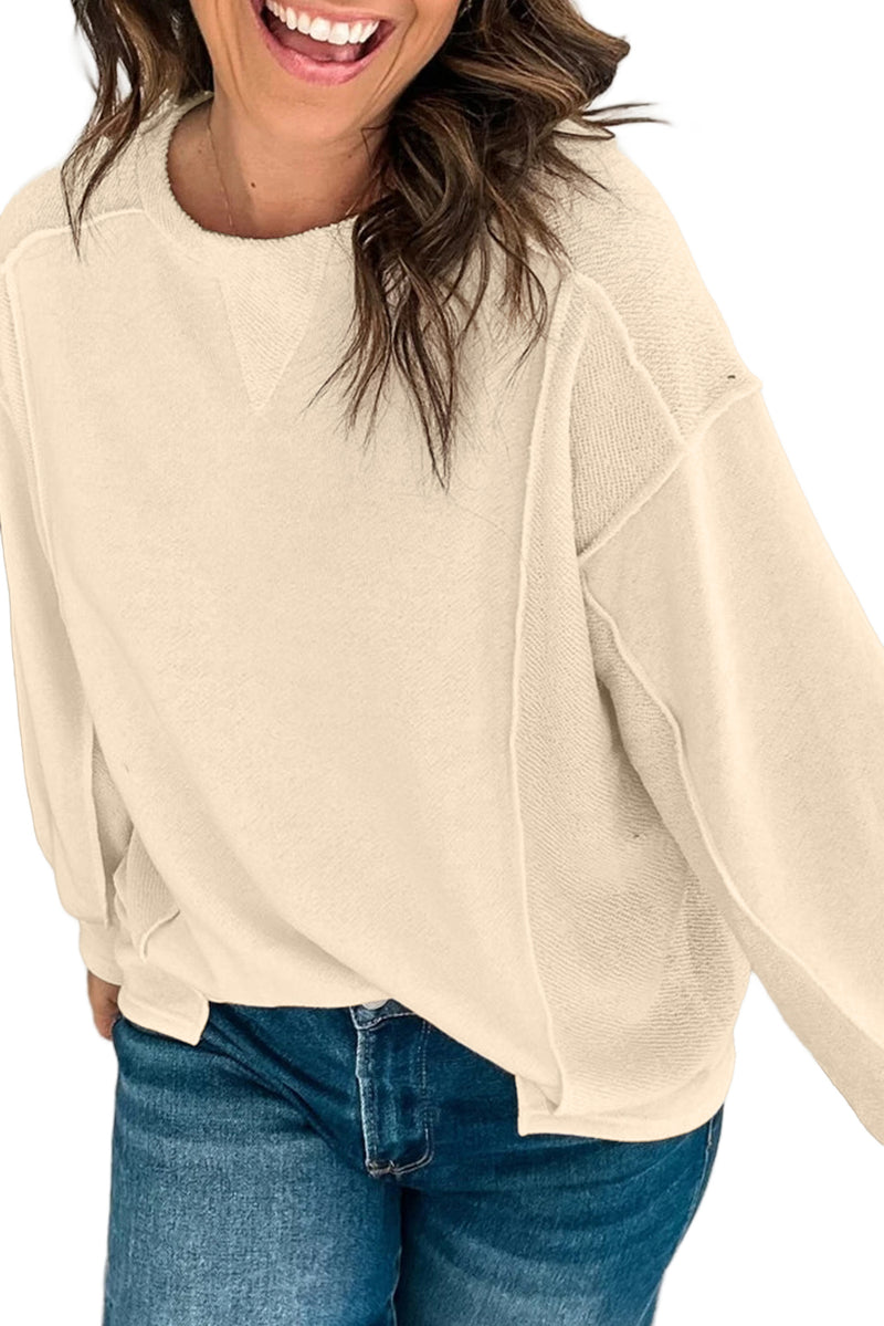 Beige Plain Exposed Seam Round Neck Pullover Sweatshirt