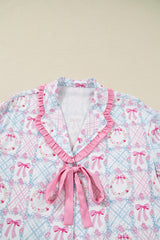 Pink Bow Wreath Pattern Christmas Holiday Bow Tie Front Pajama Set
