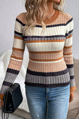 Brown Stripe Chevron Pattern Knitted Ribbed Trim Slim Fit Sweater