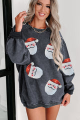 Black Santa Claus Sequins Patch Corded Christmas Graphic Sweatshirt