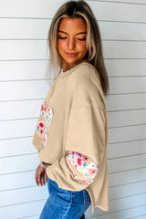 Pale Khaki Flower Applique Patchwork Drop Sleeve Pullover Sweatshirt