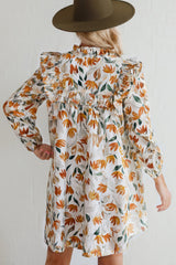 Yellow Floral Print Tie Neck Frill Detail Long Sleeve Mini Dress
