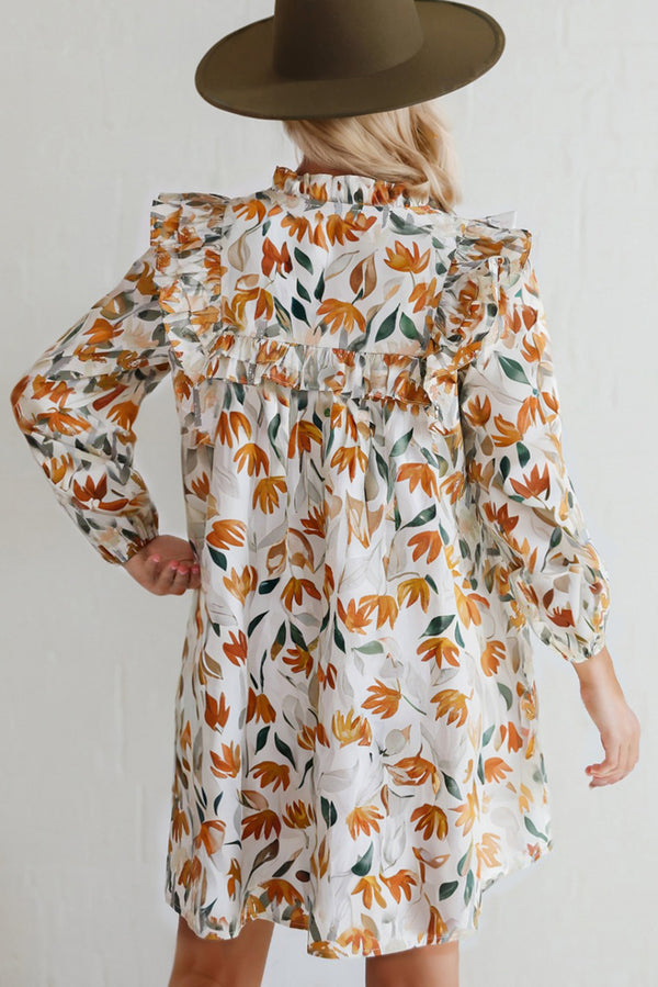 Yellow Floral Print Tie Neck Frill Detail Long Sleeve Mini Dress