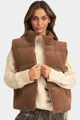 Beige Corduroy Stand Neck Zipped Puffer Vest