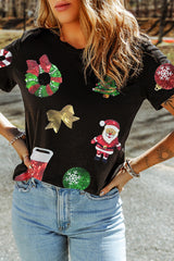 Black Sequin Christmas Graphic Patch Application Crewneck T Shirt