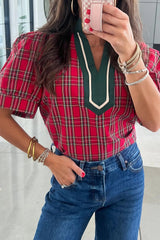 Red Plaid Print Contrast Trim V Neck Short Sleeve Blouse