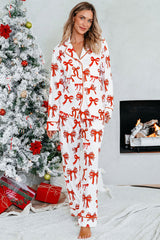 Red Christmas Bow Print Long Sleeve 2pcs Pajama Set