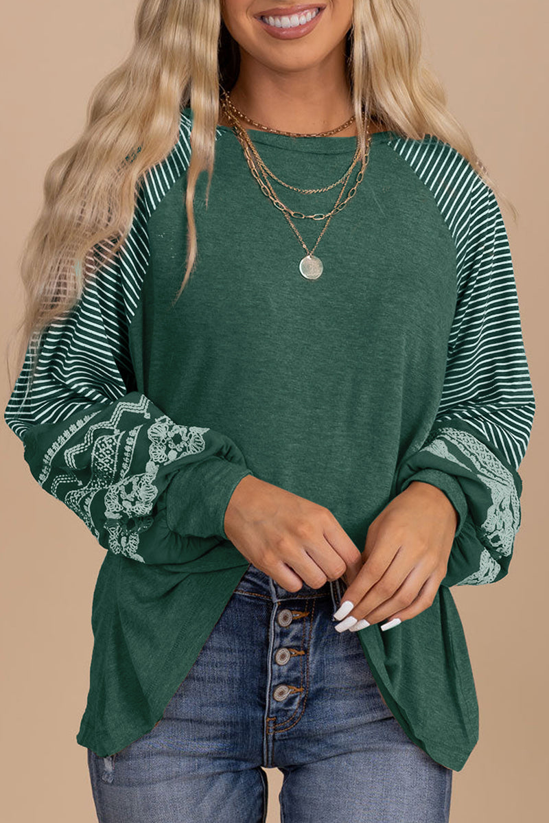 Tillandsia Purple Contrast Print Striped Raglan Long Sleeve Loose Top