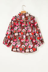 Red Floral 3/4 Sleeve Lace-up Neck Blouse