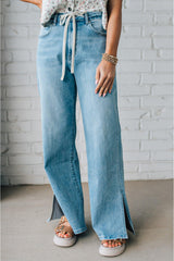 Myosotis Side Slit High Rise Drawstring Casual Jeans
