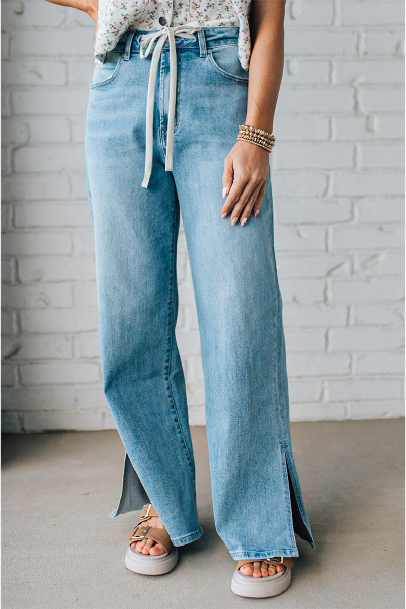 Myosotis Side Slit High Rise Drawstring Casual Jeans