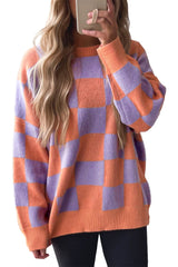 Parchment Checkered Pattern Ribbed Trim Knit Baggy Sweater