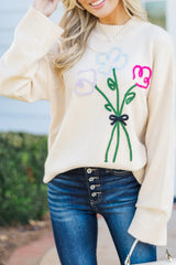 White Floral Embroidered Drop Sleeve Knit Sweater