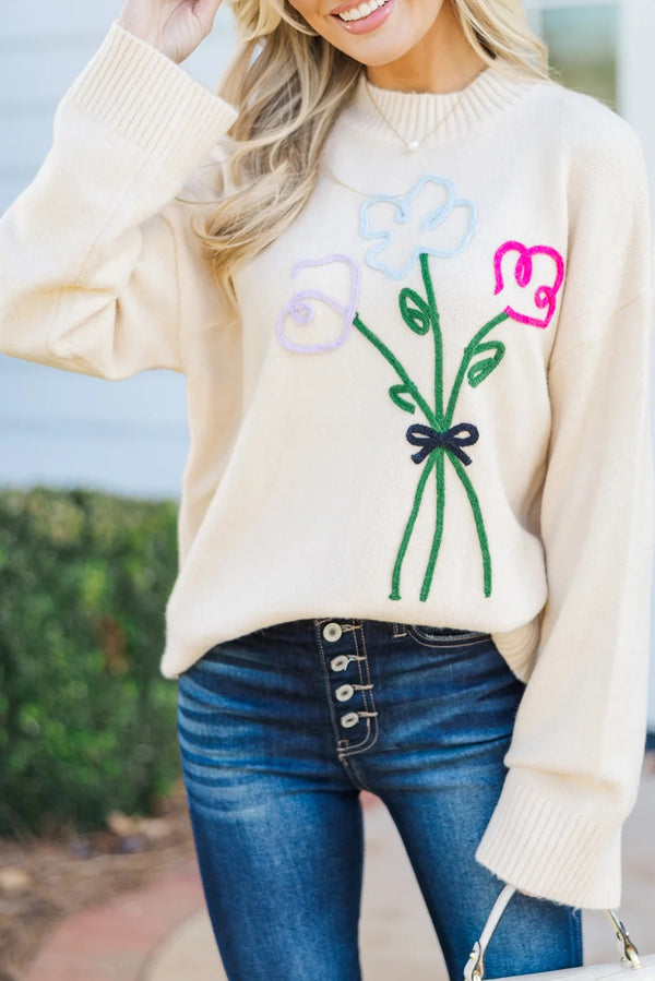 White Floral Embroidered Drop Sleeve Knit Sweater