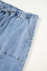 Prussian Blue Drawstring Seam Detail Raw Hem Wide Leg Jeans