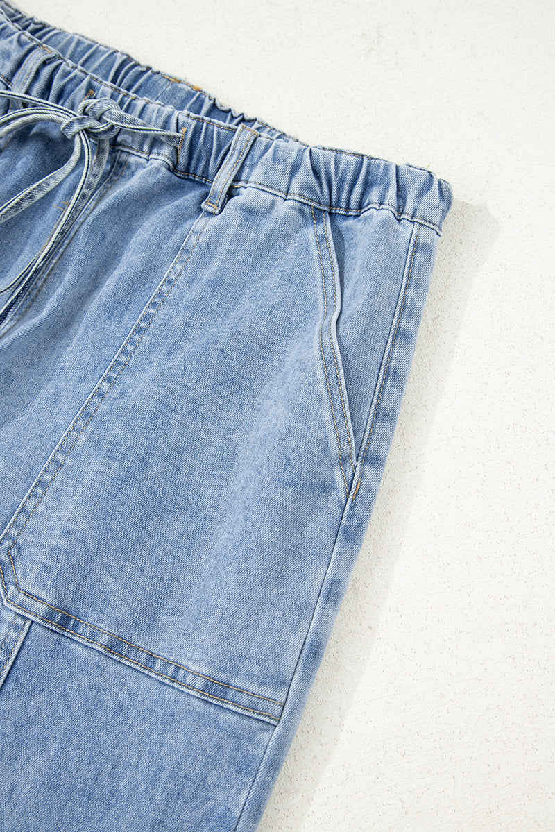 Prussian Blue Drawstring Seam Detail Raw Hem Wide Leg Jeans