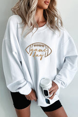 White Football Graphic Drop Shoulder Game Day Corded Sweatshirt