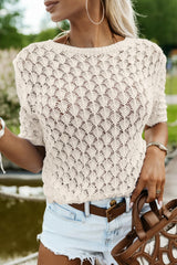 Beige Hollow Out Crochet Short Sleeve Knit Tee