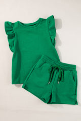 Black Textured Ruffle Sleeve Tee and Drawstring Shorts Set
