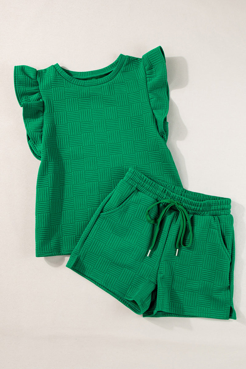 Black Textured Ruffle Sleeve Tee and Drawstring Shorts Set