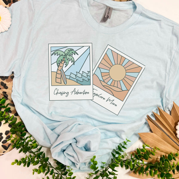 Polaroid, chasing adventure icy blue tee