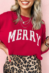 Fiery Red MERRY Letter Pattern Christmas Holiday Baggy Sweater