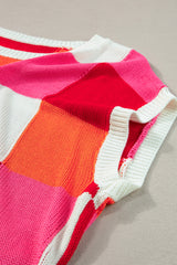 Fiery Red Checkered Color Block Cap Sleeve Knitted Top