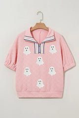Light Pink Sequin Halloween Ghost Patched Textured Knit Contrast Collar Top