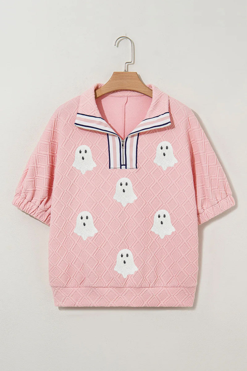 Light Pink Sequin Halloween Ghost Patched Textured Knit Contrast Collar Top