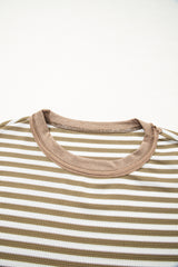 Khaki Stripe Patchwork Knit Drop Shoulder Top