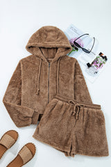 Parchment Zip Up Hoodie Drawstring Shorts Sherpa 2pcs Outfit