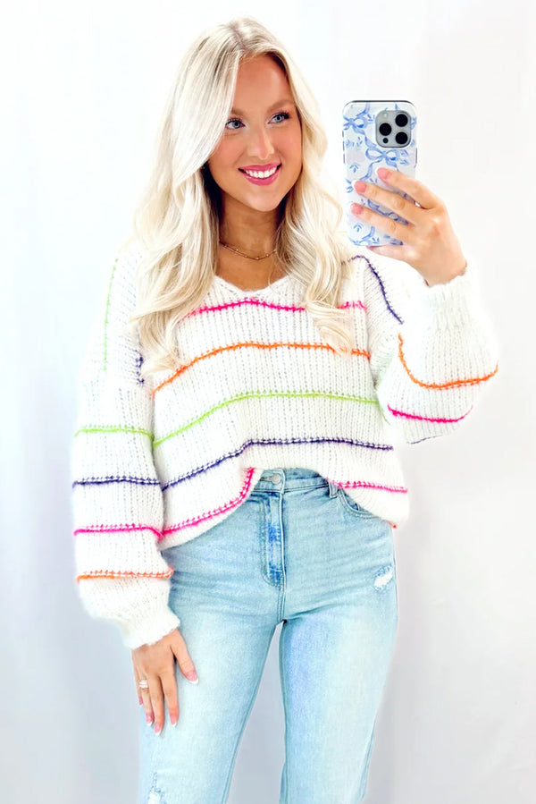 White Striped V Neck Drop Sleeve Sweater