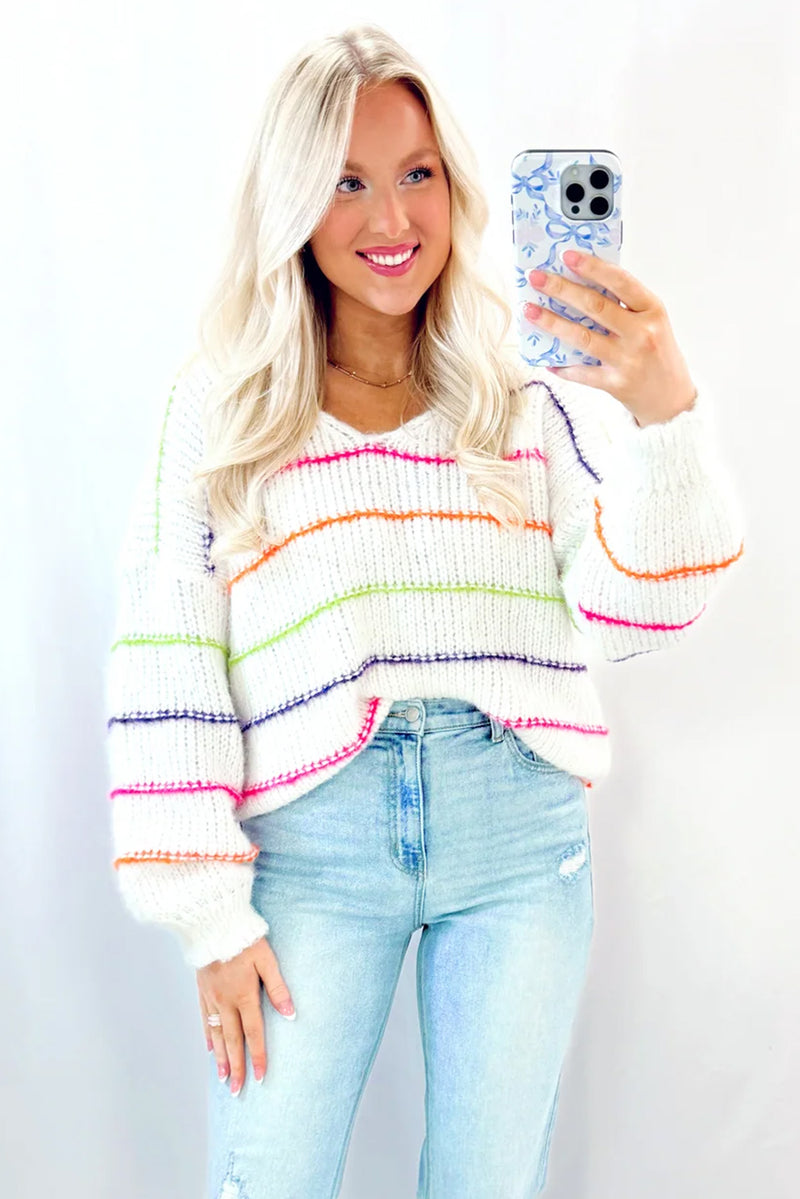 White Striped V Neck Drop Sleeve Sweater