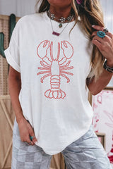 White Rhinestone Lobster Casual Summer Tee
