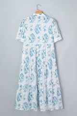 Sky Blue Plus Size Geometric Floral Print Button Split Neck Short Sleeve Maxi Dress