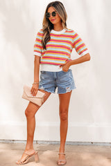 Rose Red Abstract Striped Knit Short Sleeve Sweater